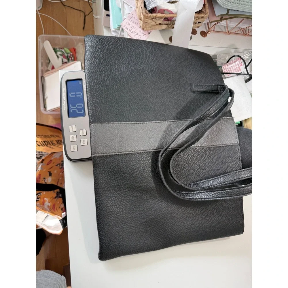Vince Camuto Black Faux Leather‎ Tote Bag with Gray Stripe Accent